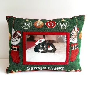 Christmas Photo Cat Pillow MEOW Santa's Claws 12x9 Green Red Tapestry